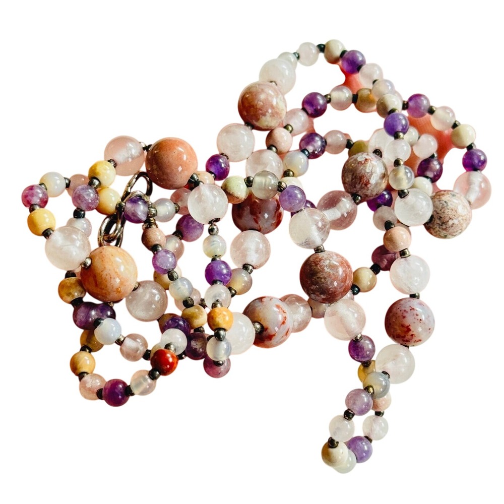VTG purple Natural Beaded Gemstone Necklace Beads Quartz Jasper Amethyst Hippie